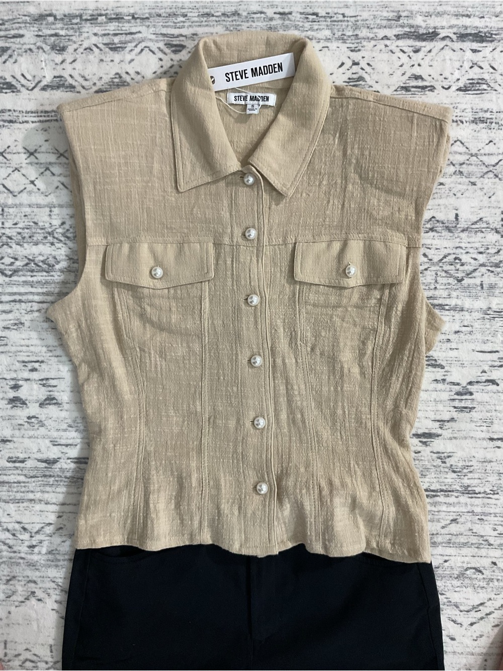 Steve Madden Cassady Linen Blend Taupe Padded Cap Top Designer Quiet Luxury